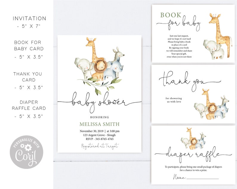 May include: A set of printable cards for a baby shower with a jungle animal theme. The cards include an invitation, a book for baby card, a thank you card, and a diaper raffle card. The cards feature watercolor illustrations of a giraffe, elephant, lion, and rhinoceros.