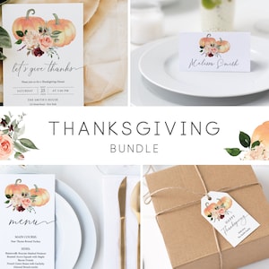 Op de afbeelding: Een Thanksgiving-pakket met printbare kaarten en labels met aquarel-pompoenen, bloemen en de tekst "let's give thanks" en "Happy Thanksgiving".