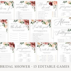 Burgundy Bridal Shower Games Bundle, Bridal Shower Games Template, Autumn Burgundy Floral Bridal Games Set, Instant Download, Corjl, FA01