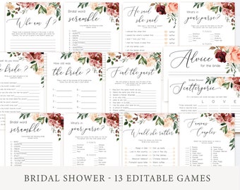 Burgundy Floral Brautparty Spiele Bundle (digitaler Download)