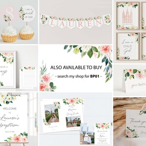 Pode incluir: Um conjunto de arquivos digitais imprim&iacute;veis para uma festa de batismo. Os arquivos apresentam um design floral com flores rosa e brancas e folhas verdes. O texto nos arquivos inclui "Bem-vindo ao batismo de Lauren", "Eu sou um filho de Deus", "Escolha o certo", "Por favor, deixe uma mensagem" e "Obrigado por vir".