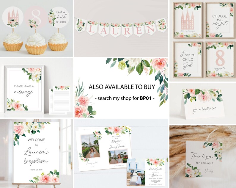 Pode incluir: Um conjunto de arquivos digitais imprim&iacute;veis para uma festa de batismo. Os arquivos apresentam um design floral com flores rosa e brancas e folhas verdes. O texto nos arquivos inclui "Bem-vindo ao batismo de Lauren", "Eu sou um filho de Deus", "Escolha o certo", "Por favor, deixe uma mensagem" e "Obrigado por vir".