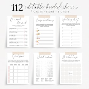 Editable Bridal Shower Games, Minimalist Wedding Shower Games, Printable Bridal Party Games, 112 Bridal Shower Games Signs, Corjl, MN11