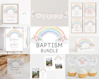 Puede incluir: Un conjunto de bautismo de arcoíris acuarela con flores rosas y nubes. El conjunto incluye un cartel de bienvenida, etiquetas de agradecimiento, adornos para cupcakes y carteles imprimibles con el texto "Soy un hijo de Dios", "8 es genial", "Me gusta la idea de un arcoíris, porque muestra que después de la lluvia, siempre hay una promesa de sol", y "tu texto aquí".