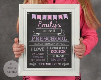 Editable First/Last Day of School Sign, Printable Pink Lilac Back to School Sign, Chalkboard Sign, First Day of School, Editable sign, Corjl