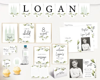 Editable LDS Baptism Set, Party Kit, LDS Primary, Instant Download, Baptism Template, Greenery baptism, Editable Template, Corjl, GE01