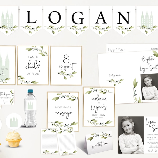 Editable LDS Baptism Set, Party Kit, LDS Primary, Instant Download, Baptism Template, Greenery baptism, Editable Template, Corjl, GE01