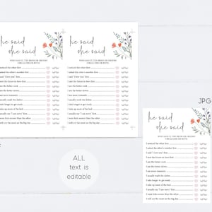 May include: A printable "He Said, She Said" wedding game with a floral design. The game features a list of questions about the bride and groom, with spaces to circle who said what.