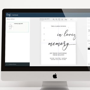 Pu&ograve; includere: Uno schermo di computer mostra un modello di design per un cartello commemorativo. Il cartello presenta una scrittura elegante che recita "Questa candela brucia in memoria amorevole di coloro che guardano dal cielo". Il design &egrave; su sfondo bianco.