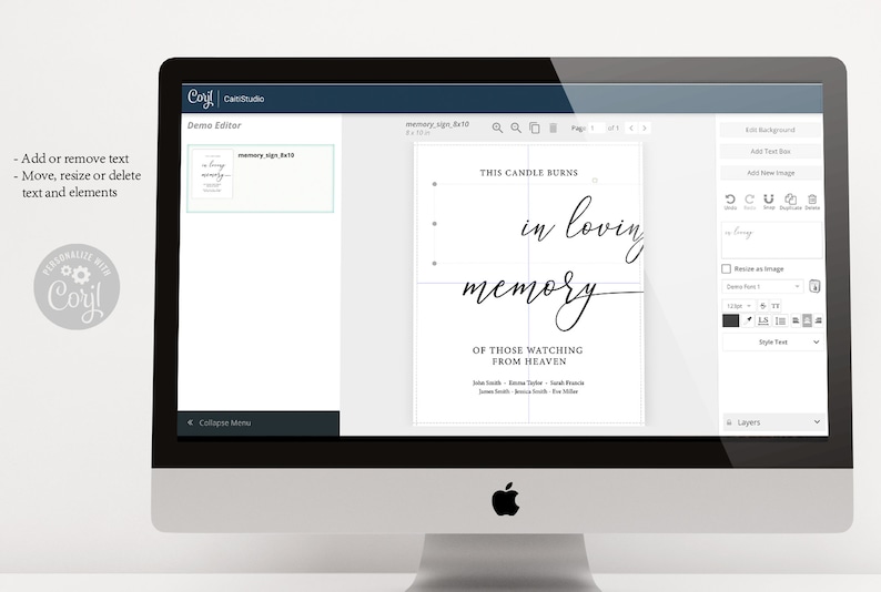 Pu&ograve; includere: Uno schermo di computer mostra un modello di design per un cartello commemorativo. Il cartello presenta una scrittura elegante che recita "Questa candela brucia in memoria amorevole di coloro che guardano dal cielo". Il design &egrave; su sfondo bianco.