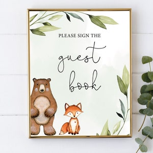 Woodland Baby Shower Sign, Please sign the Guest book Sign, Greenery Woodland Sign, Woodland Animals Guest Book Sign, Corjl, WW01