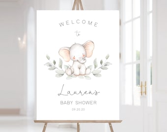 Welkomstbord babyshower olifant: groen afdrukbaar (BEWERKBAAR)
