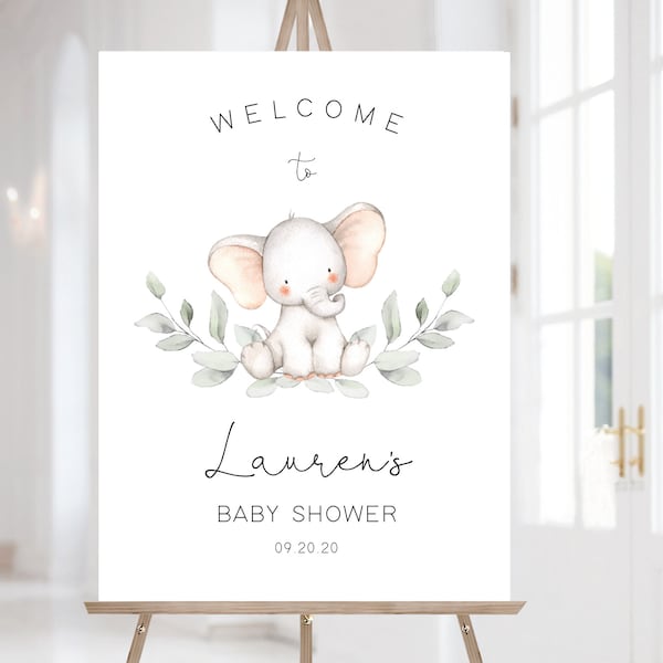 Señal de bienvenida de baby shower de elefante, bienvenida editable imprimible, señal de bienvenida de baby shower de vegetación de elefante, Corjl, PE01