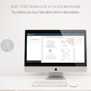 Pode incluir: Um ecr&atilde; de computador a mostrar um modelo digital para um programa de batismo. O modelo apresenta um design floral rosa e o texto "Batismo da Emily".