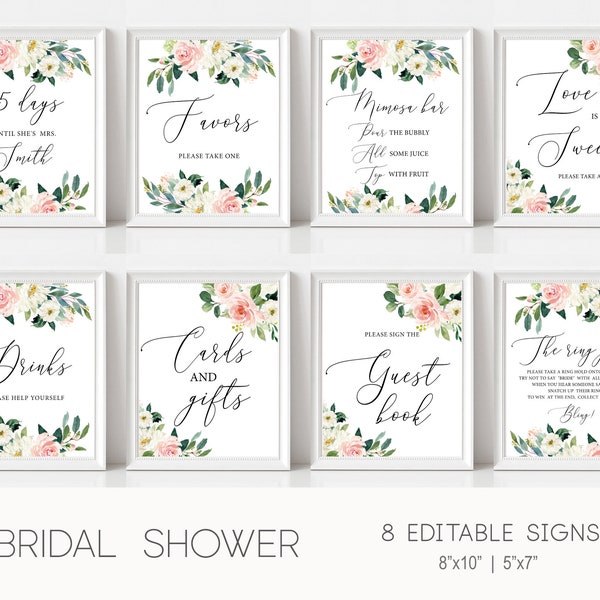 Bridal Shower Signs, Blush Floral Signs Set, Custom Sign, Wedding Signs, Printable Signs Template, Instant Download, Corjl, PG01