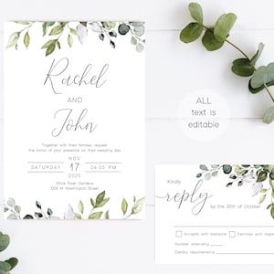 May include: Wedding invitation with green and white floral design. The invitation reads "Rachel and John" with the date and time of the wedding. The RSVP card includes a floral design and a space to indicate acceptance or decline.