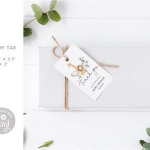 May include: A white thank you tag with a watercolor illustration of safari animals. The tag says "Thank you" in cursive and "Lauren's Baby Shower 09.09.20".