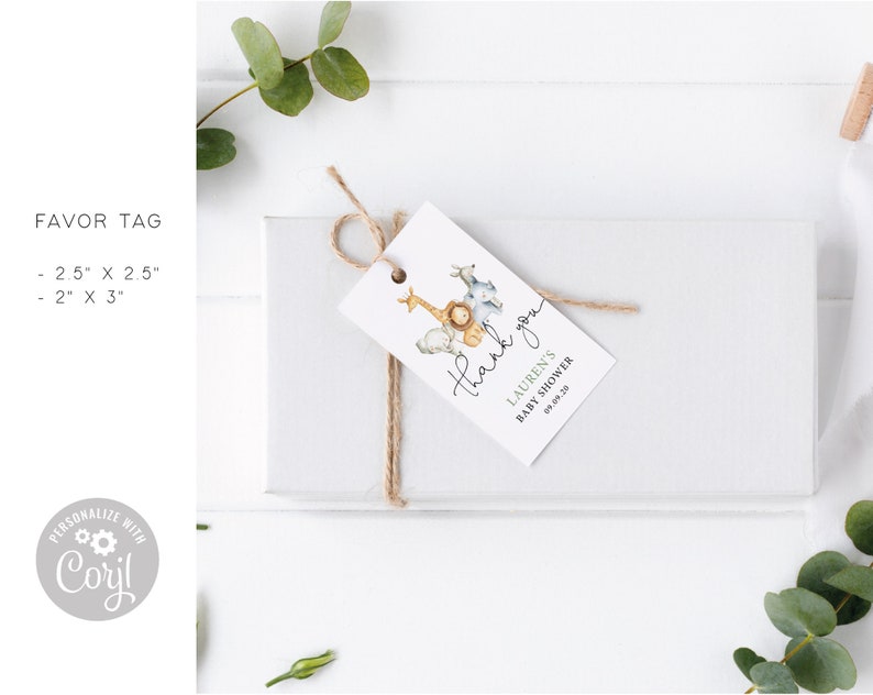 May include: A white thank you tag with a watercolor illustration of safari animals. The tag says "Thank you" in cursive and "Lauren's Baby Shower 09.09.20".