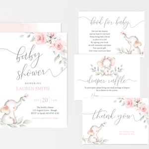Bewerkbare olifant baby shower bundel aquarel babyolifant meisje, groen Blush roze baby shower uitnodiging, Corjl, PP02