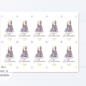 May include: A sheet of 10 printable Halloween gift tags featuring a purple haunted house with a yellow moon and the text "Happy Halloween". The text "Your Friend" and "[Year]" are also included on the tags.