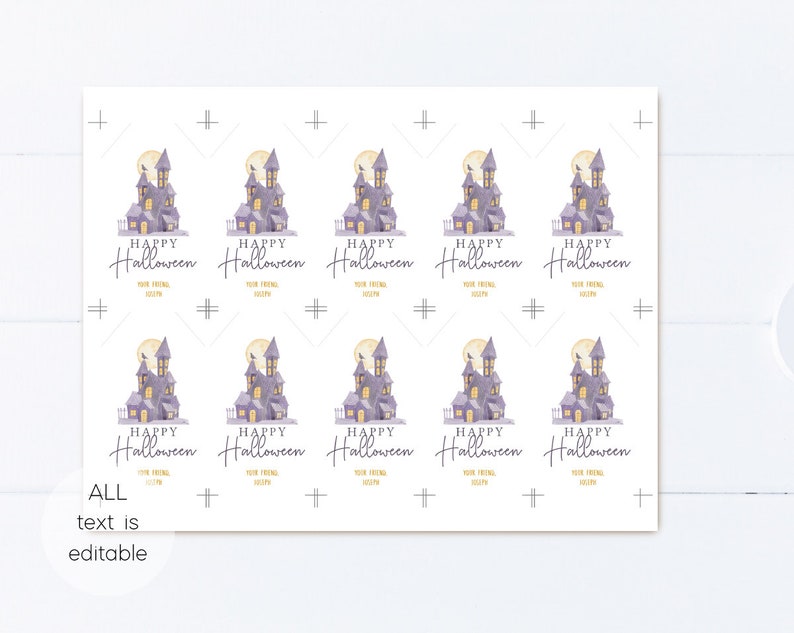 May include: A sheet of 10 printable Halloween gift tags featuring a purple haunted house with a yellow moon and the text "Happy Halloween". The text "Your Friend" and "[Year]" are also included on the tags.