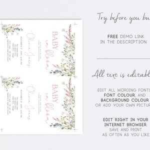 May include: Baby shower invitation with floral accents. The invitation features the text "BABY in bloom" in a soft pink hue, along with event details and the name "Olivia Jones." The design includes delicate watercolor flowers.