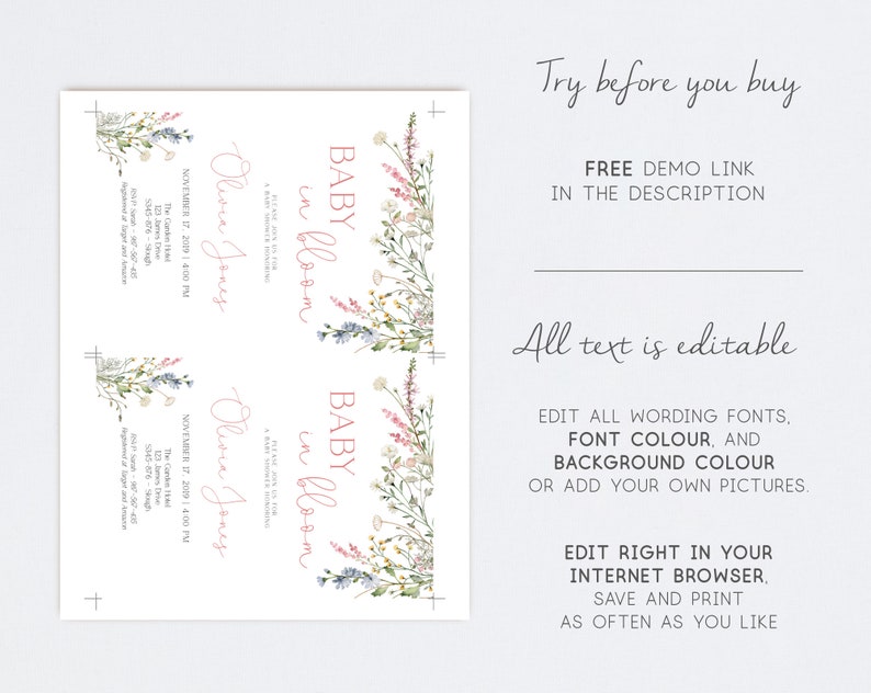 May include: Baby shower invitation with floral accents. The invitation features the text "BABY in bloom" in a soft pink hue, along with event details and the name "Olivia Jones." The design includes delicate watercolor flowers.