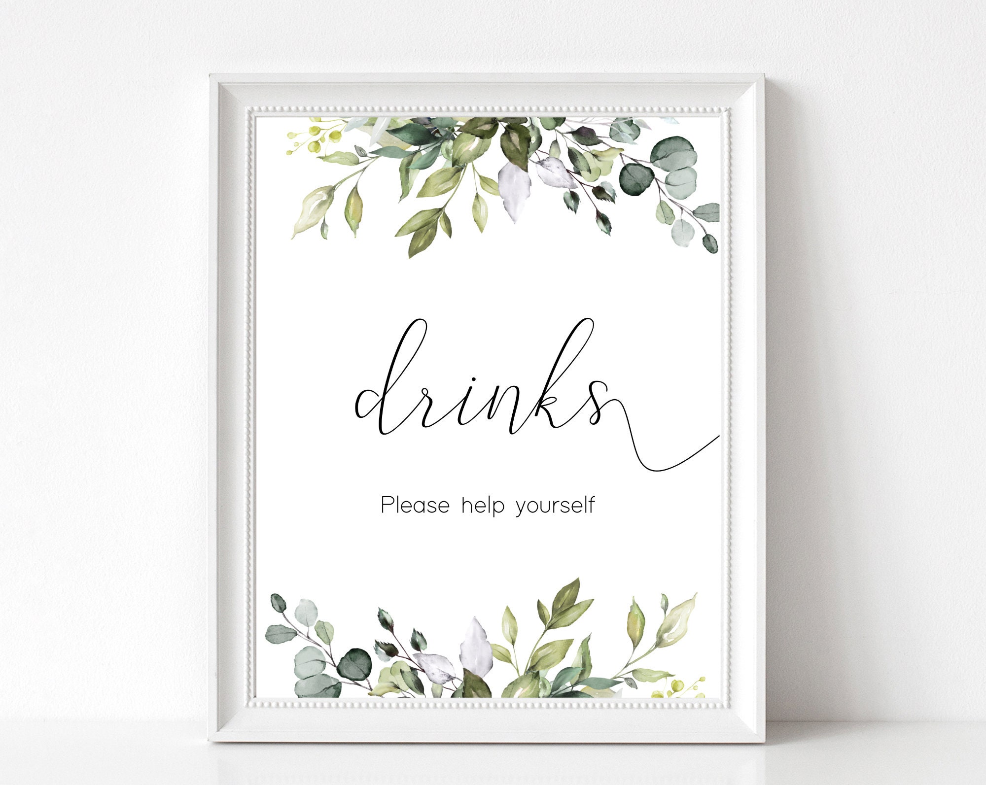 Greenery Drinks Sign, Editable Sign, Drinks sign Bridal Shower, Drink Table Sign, help yourself to a drink, Instant Download, Corjl, GE01