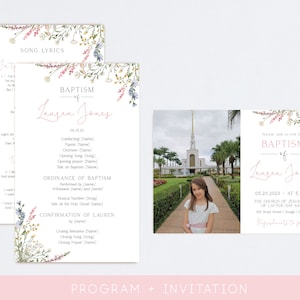 Editable LDS Baptism Program Printable, LDS Baptism Invitation, Wildflower Baptism Program, Girl Baptism,Editable Template, Corjl, WF23