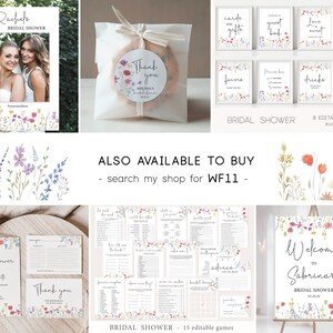Puede incluir: Decoraciones imprimibles para una despedida de soltera con un tema floral. El conjunto incluye un cartel de bienvenida, 8 carteles editables, 15 juegos editables, un marco de cabina de fotos y una tarjeta de agradecimiento. El dise&ntilde;o floral presenta flores de acuarela en tonos de rosa, rojo, amarillo y azul.