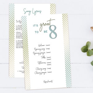 Może przedstawiać: Drukowana lista kontrolna na przyjęcie urodzinowe z okazji 8. urodzin. Lista kontrolna zawiera sekcje na powitanie, piosenkę otwierającą, modlitwę otwierającą, rozmowy, świadectwa, piosenkę zamykającą i modlitwę zamykającą. Tło to wzór w zielono-białe paski.