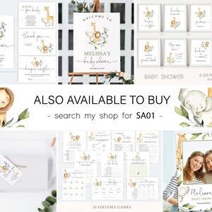 May include: A set of printable baby shower decorations featuring a jungle animal theme. The set includes invitations, thank you cards, welcome sign, diaper raffle tickets, game cards, and photo booth props. The decorations feature watercolor illustrations of a lion, giraffe, elephant, and monkey.