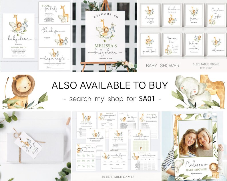 May include: A set of printable baby shower decorations featuring a jungle animal theme. The set includes invitations, thank you cards, welcome sign, diaper raffle tickets, game cards, and photo booth props. The decorations feature watercolor illustrations of a lion, giraffe, elephant, and monkey.