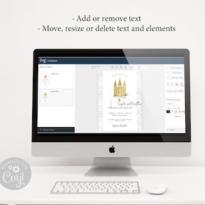 May include: A computer screen displaying a digital invitation template for a Temple and Priesthood Preparation Meeting. The invitation features a gold temple silhouette with green foliage and a white chevron pattern background. The text on the invitation reads "Join us for a Temple and Priesthood Preparation Meeting" and includes the date, time, and location of the meeting.