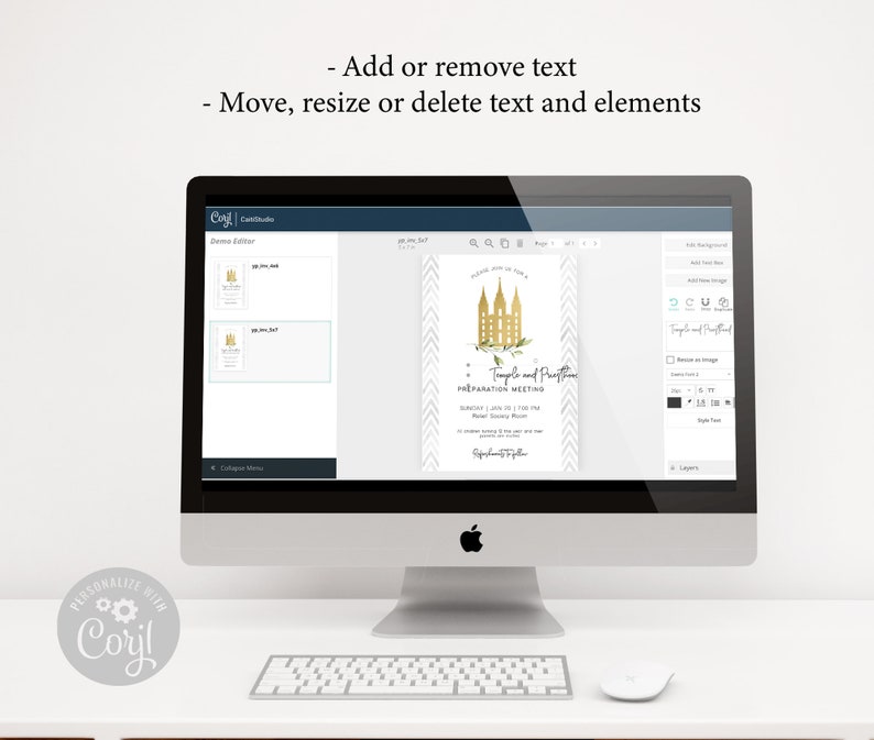 May include: A computer screen displaying a digital invitation template for a Temple and Priesthood Preparation Meeting. The invitation features a gold temple silhouette with green foliage and a white chevron pattern background. The text on the invitation reads "Join us for a Temple and Priesthood Preparation Meeting" and includes the date, time, and location of the meeting.