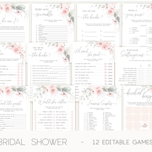 Blush roze bloemen vrijgezellenfeest spellenbundel (direct downloaden)