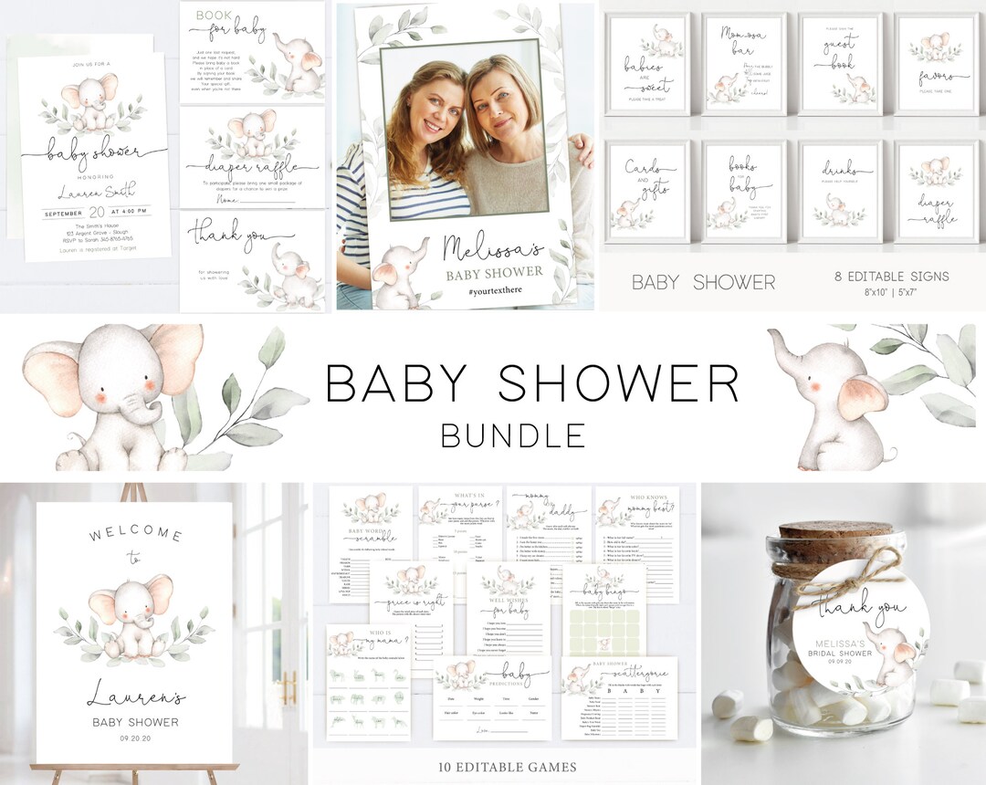 Elephant Baby Shower Template, Baby Shower Set, Custom Sign, Editable