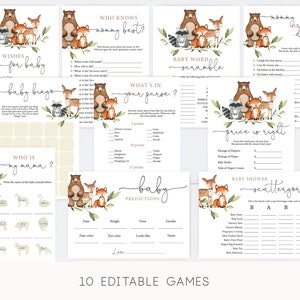 Woodland Baby Shower Games Bundle, Baby Shower Games Template, Woodland Animals Baby Games Set, Editable Game, Instant Download, Corjl, WW01