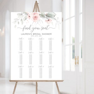 Bruidsdouche zitplaatsen grafiek teken, BEWERKBARE zitplaatsen grafiek afdrukbaar, groen Blush roze bruids douche teken, Corjl, GR01