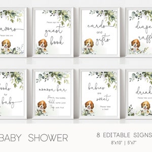 Dog Greenery Signs, Baby Shower Signs, Custom Sign, Dog Theme Baby Shower, Printable Signs Template, Instant Download, Corjl, DG01