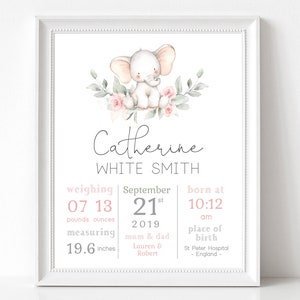 Baby Geburt Druck, neues Baby Mädchen Geschenk, bearbeitbarer Baby Geburt Druck, Taufgeschenk, Geburt Details, Geburt Stats, Elefant Kinderzimmer Dekor, Corjl