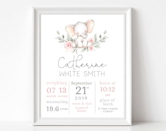 Elephant Nursery Decor: Baby Birth Stats Print (Digital Download)