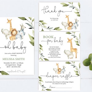 Puede incluir: Un conjunto de cuatro tarjetas imprimibles para un baby shower. Las tarjetas presentan una ilustraci&oacute;n de acuarela de una jirafa, un le&oacute;n, un elefante y un rinoceronte con hojas verdes. El texto en las tarjetas dice "Gracias", "Oh Beb&eacute;", "Libro para Beb&eacute;" y "Rifa de pa&ntilde;ales".