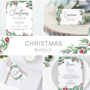 Op de afbeelding: Een kerstpakket met printbare kaarten met aquarel illustraties van hulst en bessen. Het pakket bevat een dineruitnodiging, een plaatskaart, een cadeau-etiket en een menukaart. De tekst op de kaarten omvat "Kerstdiner", "Prettige Kerst", "Lauren Smith" en "Menu".