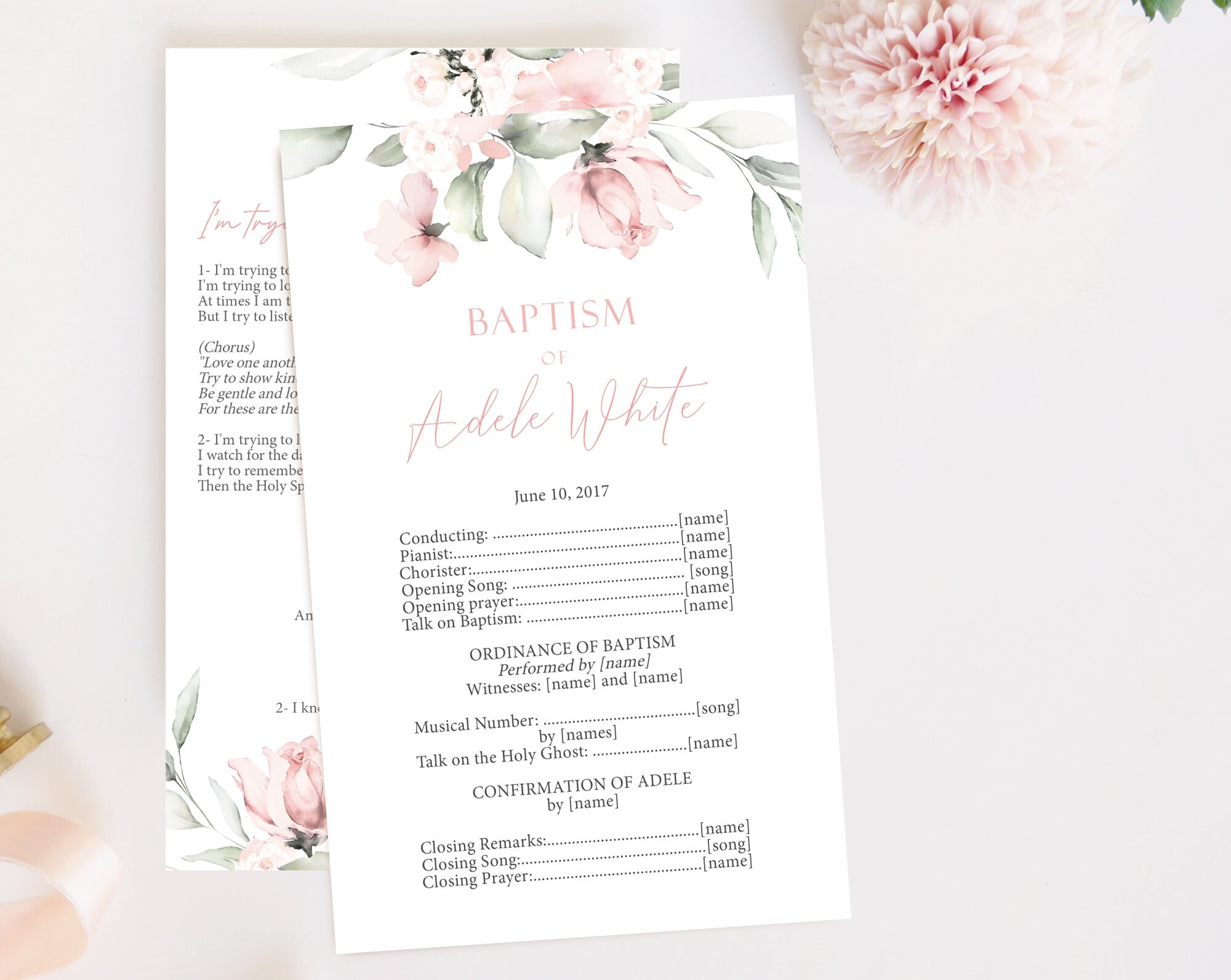 Printable Baptism Program Editable Template Floral Editable LDS Baptism Printable Baptism Program Editable Template Floral Editable LDS Baptism
