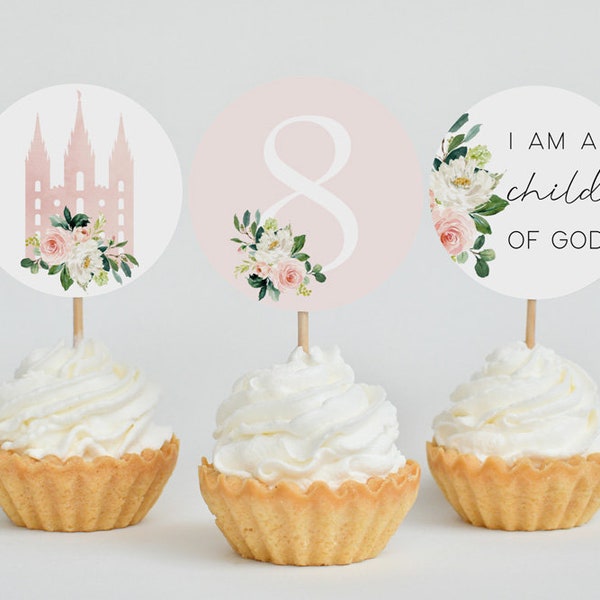 Editable LDS Baptism Cupcake Topper, LDS Primary, Instant Download, Baptism Template, Pink Flowers baptism, Editable Template, Corjl, BP01