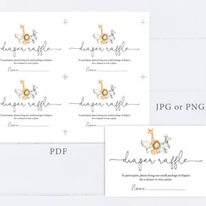 May include: Four printable cards with a cute giraffe, lion, and zebra illustration. The cards say "diaper raffle" and have a line for a name. The cards are available in PDF, JPG, or PNG format.