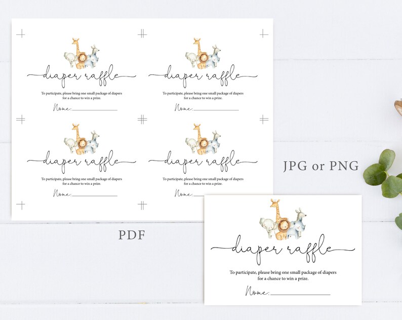 May include: Four printable cards with a cute giraffe, lion, and zebra illustration. The cards say "diaper raffle" and have a line for a name. The cards are available in PDF, JPG, or PNG format.