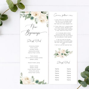 May include: A printable wedding program with a floral design featuring white flowers and green leaves. The program includes the order of service for a wedding ceremony, with the title "New Beginnings" and the text "Come, follow me".