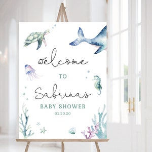 Plantilla editable de signo de bienvenida al océano, baby shower bajo el mar, signo personalizado, signo de bienvenida editable, descarga instantánea, Corjl, OC11